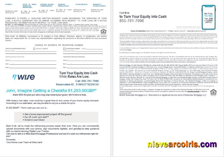 United Kingdom Wise bank mortgage loan statement, 4 pages 3-4